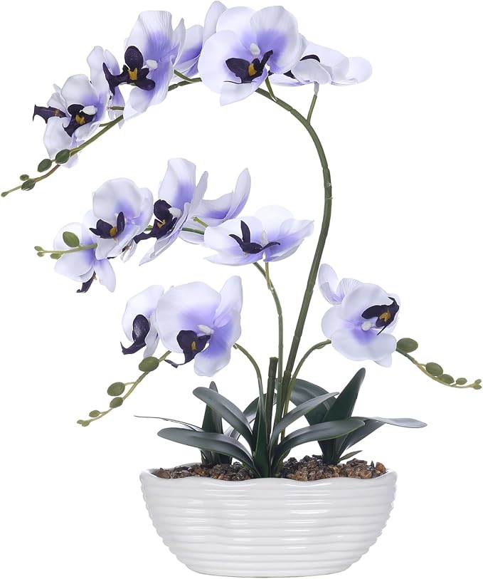 19" H Phalaenopsis Faux Orchid Plant Silk Orchid Centerpiece Artificial Floral Arrangement in Ceramic Pot (White and Purple)