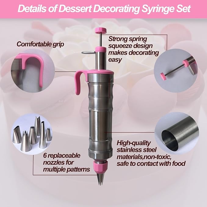 Dessert Decorating Piping Syringe Set Cake Decorating Tool Cookie Gun Press,Icing Decoration Gun,Frosting Piping Kit 6 Piping Icing Nozzles for Baking,Cupcake,Deviled Eggs Gifts for Mom Grandma Women