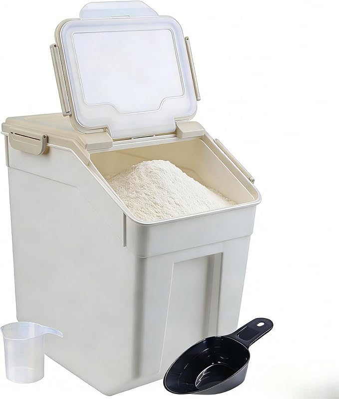 Saim Large Flour Storage Container Bin 50lb, 2Pack Airtight Rice Storage Containers with Wheels Seal Locking Lid, Dry Food, Sugar, Baking Supplies, Rice Dispenser Set with Measuring Cup & Scoop - Grey