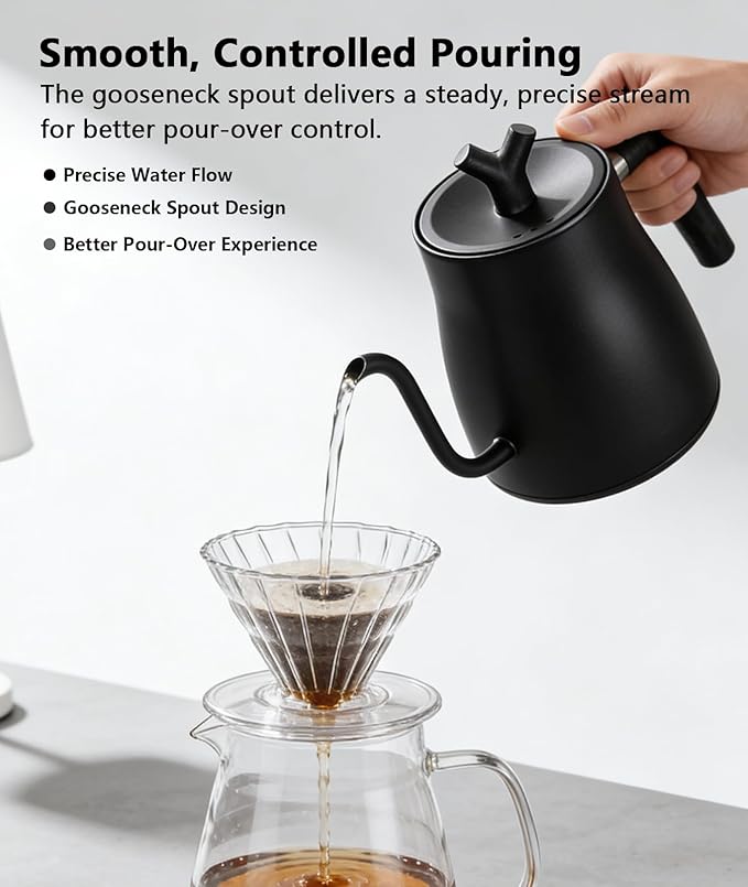 Gooseneck Electric Kettle, 1.0L Pour Over Coffee Kettle with Variable Temperature Control, 1200W Fast Heating, Keep Warm, 100% Stainless Steel Interior, Matte Black