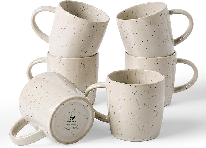 famiware Coffee Mugs Set of 6, Meteor 13 oz Ceramic Mug Cup Set with Handle for Coffee, Tea, Cappuccino, Latte, Milk, Creamy White