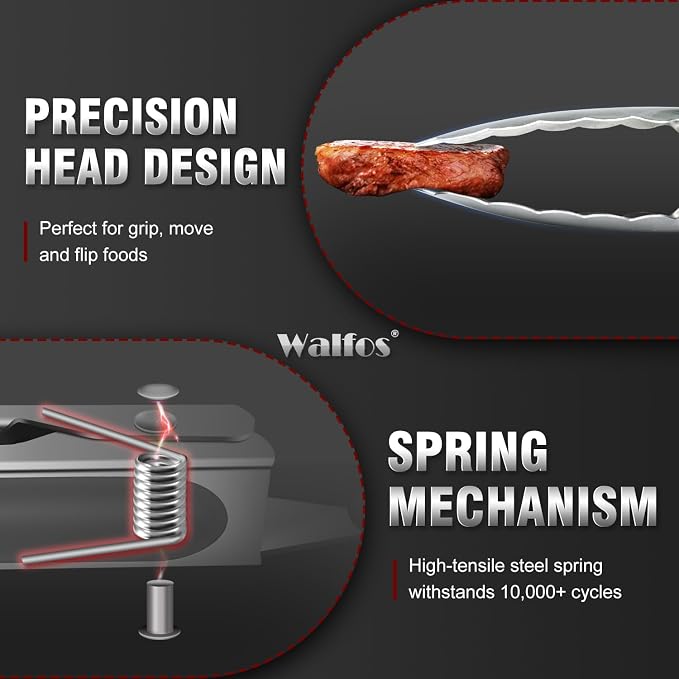 Walfos Stainless Steel Kitchen Tongs for Cooking- 7 ，9 and 12 Inch, Food Grade Metal Tongs for Cooking, BBQ, Set of 3 Heavy Duty Locking Cooking Tongs Non-Slip Grip