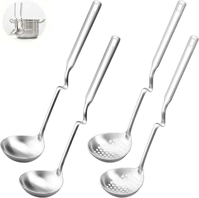 4 Pcs Stainless Steel Ladle Spoon Set for Cooking, Includes 2 Soup Spoons and 2 Slotted Spoons, Hot Pot Strainer Spoons, Long Handle, Rust-Resistant, Easy to Clean, Ideal for Serving Soups and Liquids