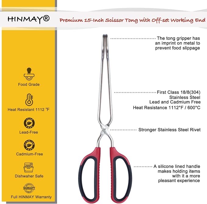 HINMAY Extra Long Scissor Tongs 15" Stainless Steel Barbecue Grilling Tongs