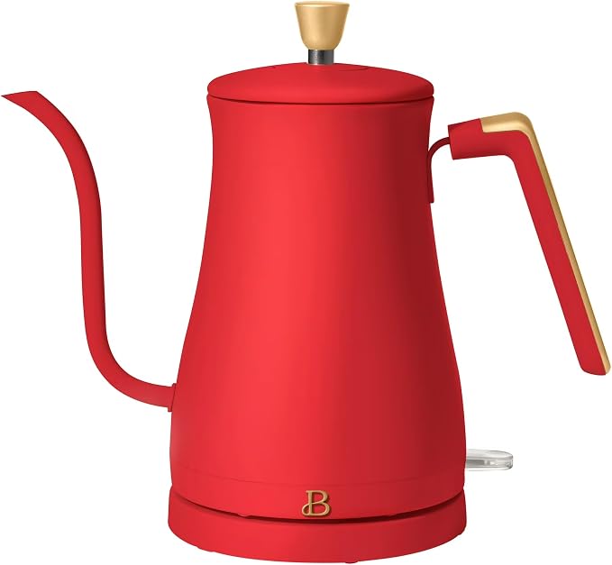 Electric Gooseneck Kettle 1 Liter 1200W Fast Boil with Precision Pour Spout, Stainless Steel Interior, Auto Shut-Off & 360° Swivel Base (Tomato Red)