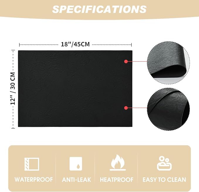 Artoid Mode Black Faux Leather Placemats Set of 6, 12x18 Inch Waterproof Wipeable Heat Resistant Vinyl Place Mats, Reversible Table Mats for Kitchen Dining Decor