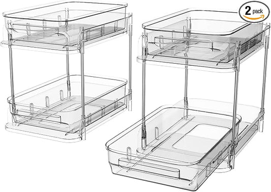 2 Tier Bathroom Storage Organizer, 2 Pack Clear Under Sink Organizers, Cabinet Drawer Bins for Vanity Counter, Kitchen, Pantry