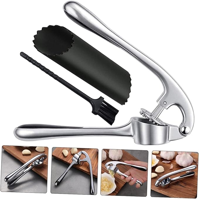 Zinc Alloy Garlic Press Set Stainless Steel Garlic Mincer Peeling Brush for Kitchen Use Easy Clean Ergonomic Design