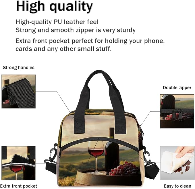 Wine Field Pattern Insulated Lunch Bag for Women Men Reusable Lunch Box Cooler Bag Large Leakproof Lunch Tote with Adjustable Shoulder Strap for Adult Work Picnic Camping Beach Office