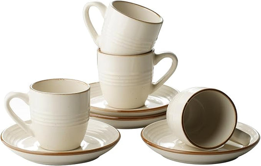 famiware Jupiter Espresso Cups and Saucers Set of 4, 3 oz Ceramic Small Coffee Mug with Handle, Spiral Stoneware Demitasse Cup for Tea, Latte, Cafe - Microwave & Dishwasher Safe, Vanilla White