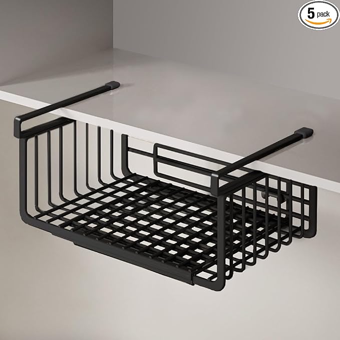 Extendable Under Shelf Storage Basket, Hanging Baskets Under Cabinet Shelf Organizer, for Cabinet Pantry Kitchen Cupboard Desk Counter Bookshelf Space Saver Heavy Duty Slide-in (Black, 1 Pack)