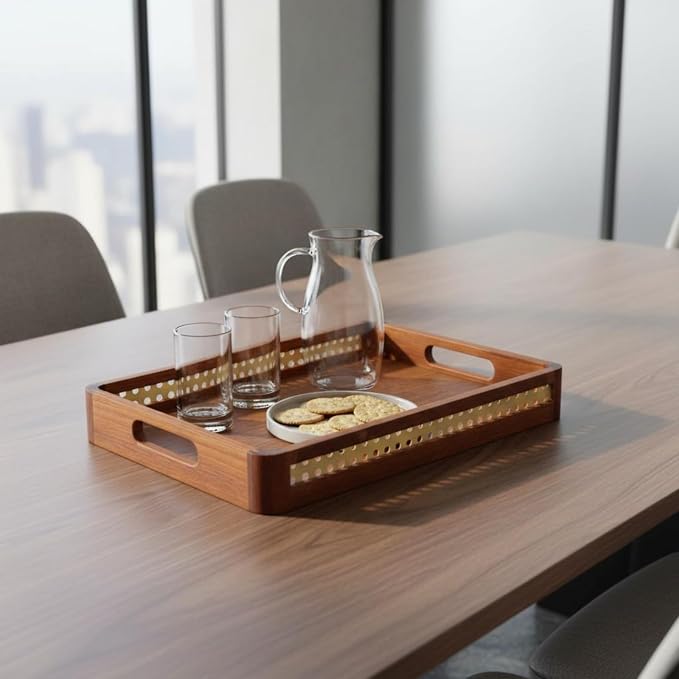 Wooden Tray with Handles Metal Handle Wooden Serving Tray Home, Grid Wooden Handle, Small 30 23 5cm
