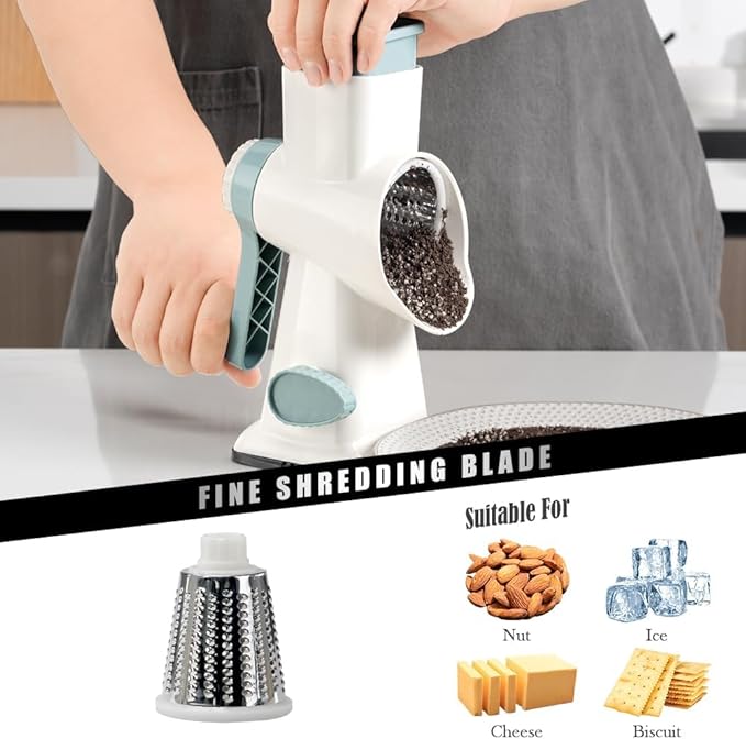 Badelite Cheese Grater Hand Crank Rotating Cheese Shredder Stainless Steel Vegetable Slicer Grater for Kitchen 3 Blades for Cheese, Carrot, Cucumber, Nuts, Chocolate, White