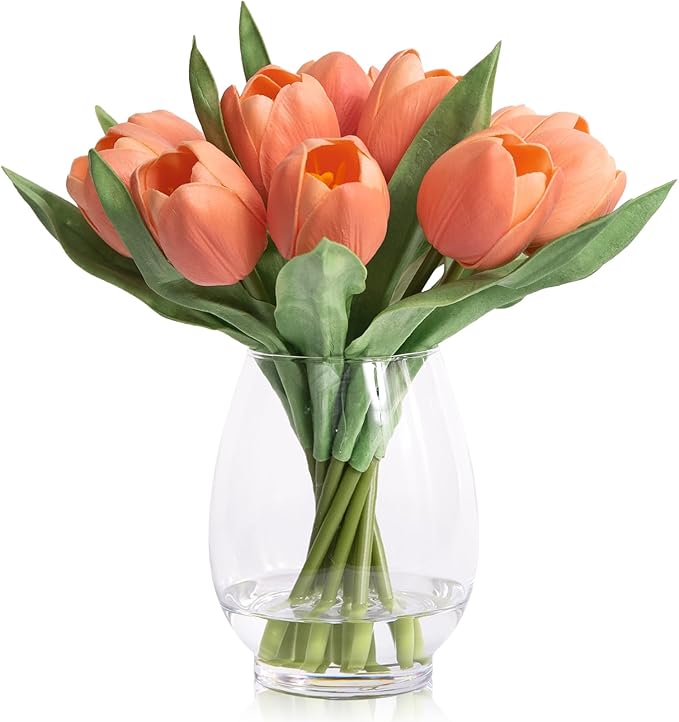 WELL KNOWN 12 Pcs Fake Tulips Artificial Flowers in Vase with Faux Water, Peach Pink Foam Tulips Arrangements with Vase for Home Office Wedding Dining Table Centerpiece Party Decor & Birthday Gift