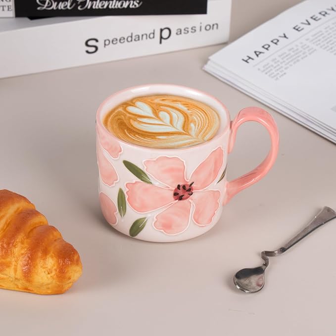 KAMMAK Ceramic Coffee Mug, 13.5oz Pink Mugs Set of 2, Novelty Cup for Tea, Juice, Milk, Cute Porcelain Water Cups with Handle for Women, Dishwasher and Microwave Safe