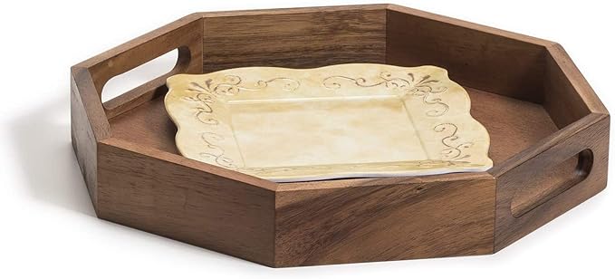 Acacia Wood Octagon Serving Tray – 13” Rustic Wooden Tray for Coffee Table, Kitchen or Home Decor