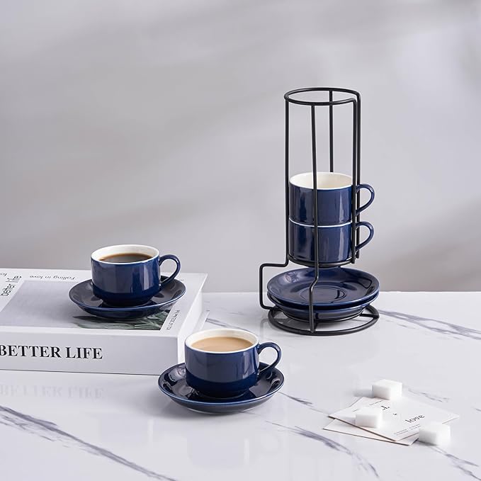 YOLIFE 2.5oz Espresso Cups Set of 4, Porcelain Stackable Espresso Cups with Saucers and Metal Stand, Expresso Shots Cup-Blue