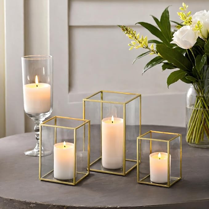 Koyal Wholesale Gold Geometric Candle Holders Set of 3, Glass Terrarium Centerpieces for Wedding Table Decor, Home Decor, and Events — Modern Gold and Glass Lanterns for Candles, Flowers, or Plants