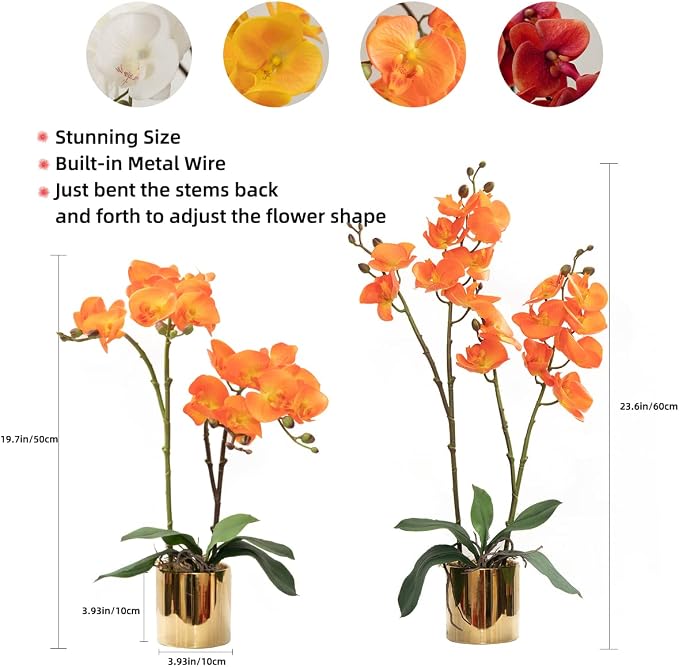 CXGS Artificial Orchid Flower Plant Real Touch Faux Orchids in Ceramic Vase Orange 19.7'' Fake Phalaenopsis Flower Arrangement Centerpiece Home Indoor Decor
