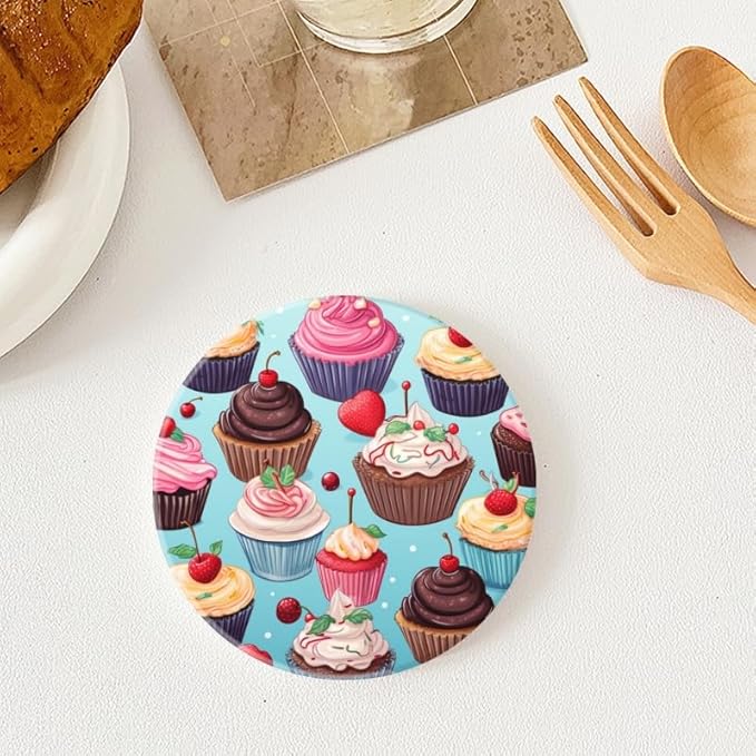 Ceramic Stone Cork Coasters for Drinks Tableware, Cupcake Pattern Round Absorbent Durable Aesthetic Art Cup Mat Protects Tables and Surfaces Set of 1 (4 * 4 Inch)