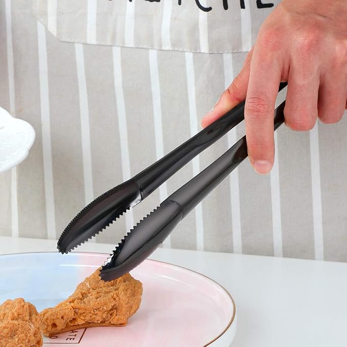 Stainless Steel Cooking Tongs for Frying, 9 Inches Serving Tongs Appetizers Charcuterie with Teeth for Parties, Food Tongs Kitchen Tongs for Nonstick Cookware, Set of 2 (Black)