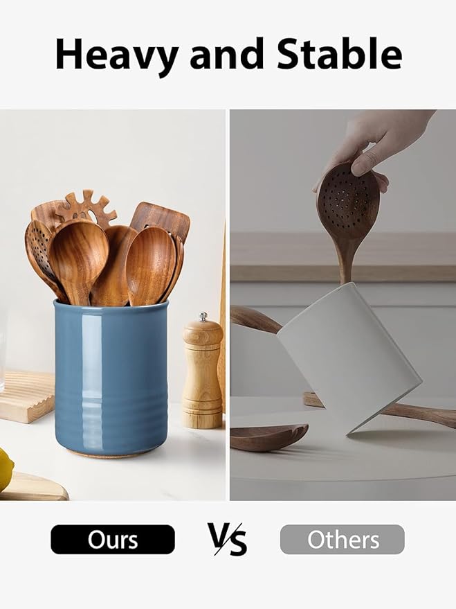 ABRUTY Utensil Holder, 6.7" Ceramic Kitchen Utensil Crock for Countertop Cooking, Modern Utensil Caddy Jar Organizer for Farmhouse Kitchen Counter Décor, Blue