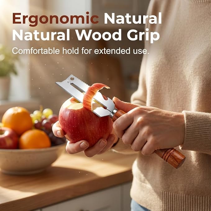 2-in-1 Vegetable Peeler with Wooden Handle – Stainless Steel Wide Blade for Potato, Carrot,Fruit, Multi-Purpose Kitchen Gadget with Built-in Bottle Opener, fit Home, Camping & Travel (3PCS)