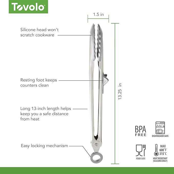 Tovolo Tip Top Tongs, Easy-Grip Kitchen Tongs for Cooking With Silicone Tips, Easy Locking Mechanism, Cooking Utensil With Resting Foot, Heat-Resistant & BPA-Free Silicone Tips, Oyster Gray