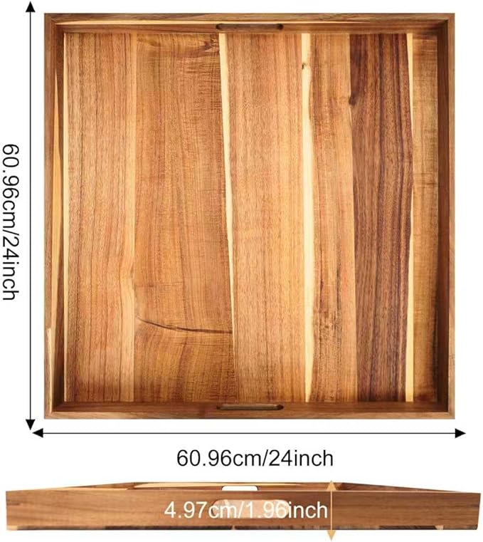 24'' Extra Large Square Wood Tray - Acacia Wood Ottoman Tray with Handles, Rustic Serving Tray for Living Room, Kitchen and Coffee Table, Wooden Trays for Ottoman,Ottoman Table Topper