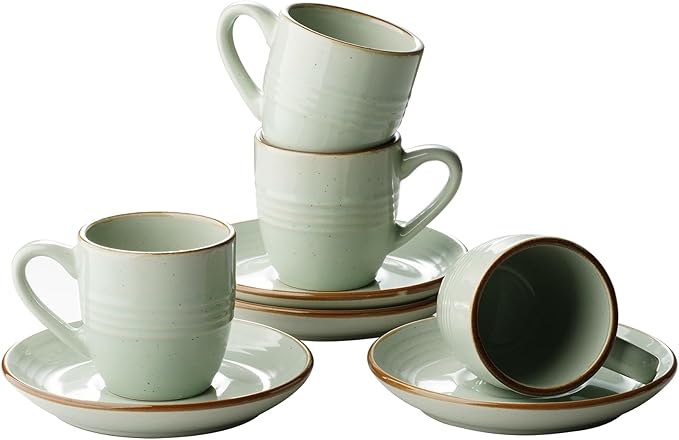 famiware amiware Jupiter Espresso Cups and Saucers Set of 4, 3 oz Ceramic Small Coffee Mug with Handle, Spiral Stoneware Demitasse Cup for Tea, Latte, Cafe - Microwave & Dishwasher Safe, Light Green