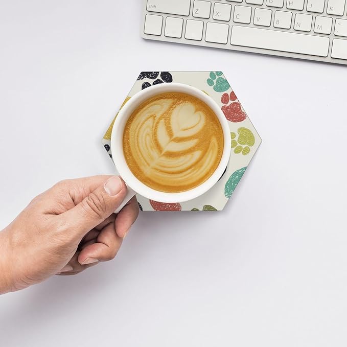 Cute Funny Dog Paw Print Hexagon Drinks Coasters Absorbent Stone with Holder Set of 6, Colorful Animal Beige Kids Cat Claw Footprint Ceramic Coaster for Coffee Table Protection (Hexagonal)