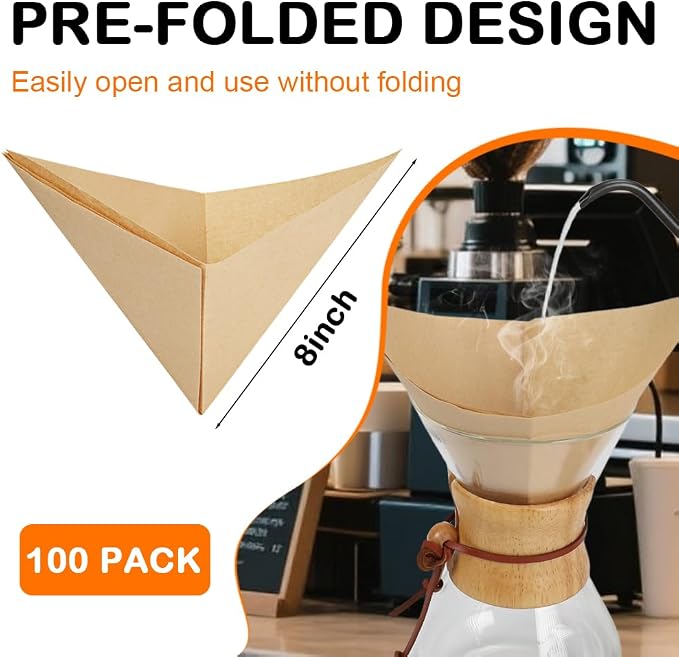 BYKITCHEN Pre-folded Pour Over Coffee Filter, Set of 100, Natural Unbleached Square Disposable Coffee Filter Papers for Pour-Over Coffee Maker Drippers and More