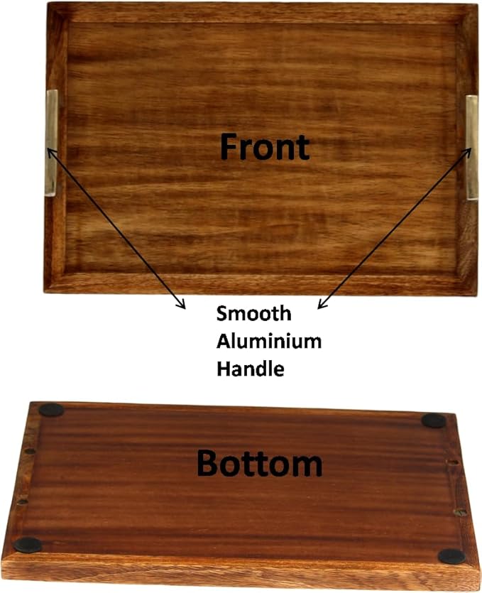 Premium Wooden Serving Tray with Aluminum Handles | Handcrafted Solid Wood Decorative Tray for Kitchen, Dining & Coffee Table | Large Rustic Breakfast Tray | Multipurpose Food & Drink Server