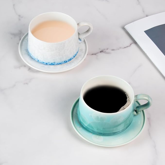 KAMMAK Tea Cups and Saucers Set of 2, Porcelain Coffee Cups, 7.5oz Crystalline Glaze Espresso Mugs, Ceramic Demitasse for Coffee, Cappuccino, Latte, Americano, Tea (Light green + Light blue)