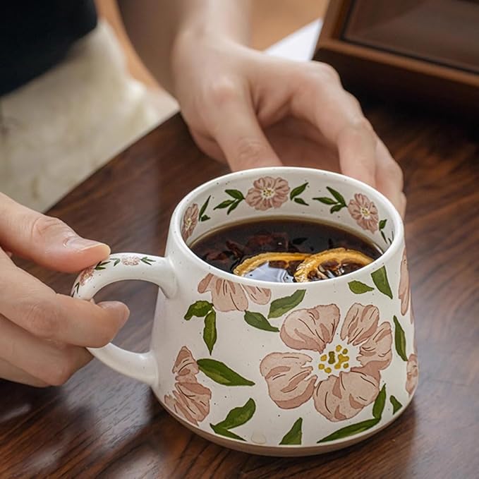 Elegant Floral Ceramic Mug ，Blue Flower Design mug with Handle, Unique Watercolor Flower Design Tea Mug for Home & Office，Microwave safety (Pink 2 Set)