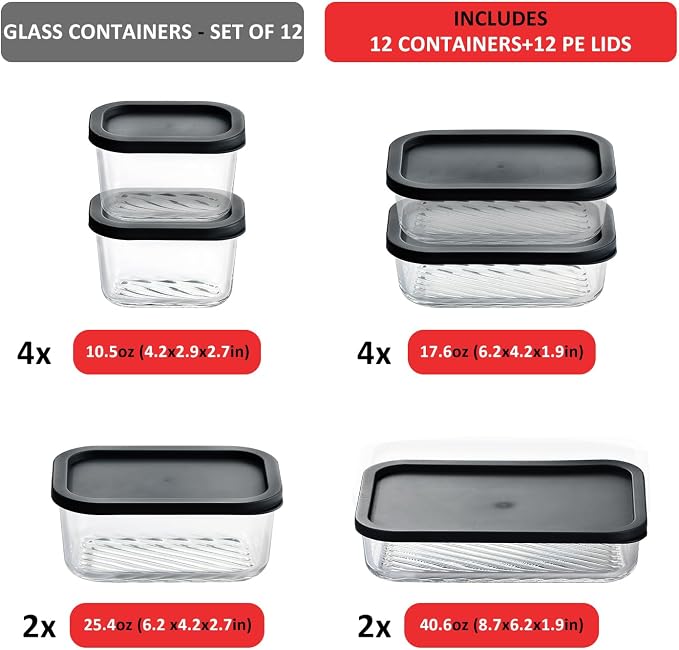 EATEX Grooved Base Glass Meal Prep Containers, 12 Pack Glass Food Storage Containers with Lids for Meal Prep & Lunch, Microwave Oven Freezer Dishwasher Safe, Anti Moisture Non-Stick Design - Black