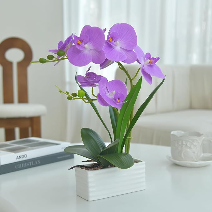 Artificial Real Touch Orchid Flowers in Pot Fake Phalaenopsis Flower with White Ceramic Vase Faux Orchids Arrangement for Home Table Office Wedding Party Decoration (Purple)