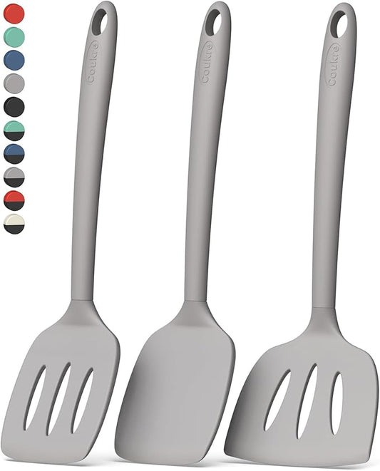 Coukre 3 Pack Silicone Spatula Set, High Heat Resistant, BPA-Free, Fish Spatula, Solid & Slotted Turner for Non-Stick Pans, Flipping Eggs, Pancakes, Fish, Burgers (3, PureGray)