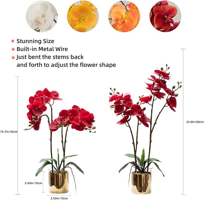 CXGS Artificial Orchid Flower Plant Real Touch Faux Orchids in Ceramic Vase Red 19.7'' Fake Phalaenopsis Flower Arrangement Centerpiece Home Indoor Decor