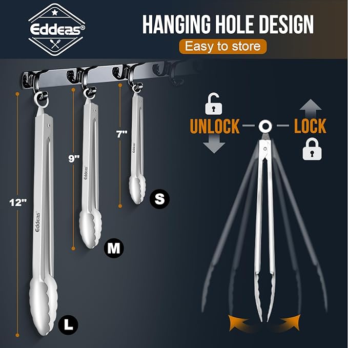 Eddeas Tongs For Cooking - All Metal Heat Resistant 600 Degrees Kitchen Tongs, Stainless Steel Locking Tongs, For Food,Salad, BBQ, Grill, Dishwasher, Set of 3-7",9" & 12 inch