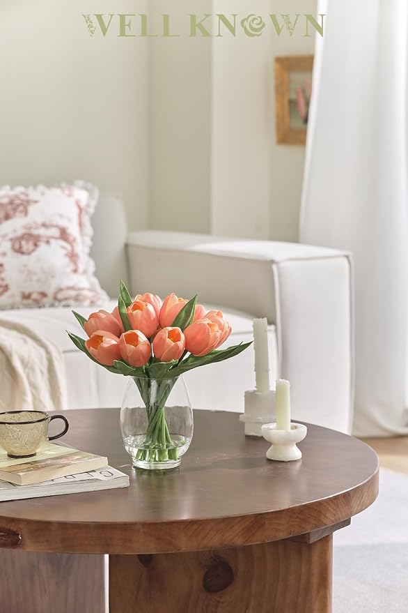 WELL KNOWN 12 Pcs Fake Tulips Artificial Flowers in Vase with Faux Water, Peach Pink Foam Tulips Arrangements with Vase for Home Office Wedding Dining Table Centerpiece Party Decor & Birthday Gift
