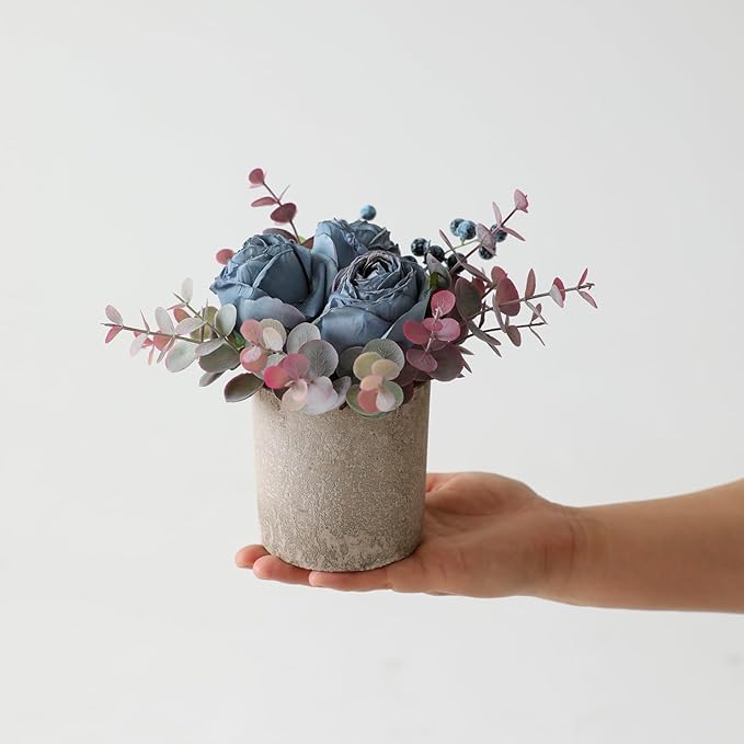 Small Artificial Burnt Blue Rose Potted Plant, 6" Fake Silk Flowers in 3" Cylindrical Pot, Mini Faux Floral Arrangement for Desk Shelf Bathroom Decor
