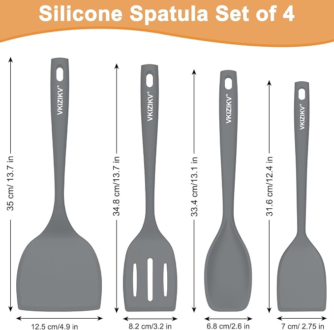 Silicone Spatula Turner Set, 4 Pack, 600°F Heat Resistant Cooking Spatulas, Spoons, BPA Free & Non-Stick Kitchen Utensils, Ideal for Flipping Egg, Pancake, and Serving, Dishwasher Safe (Gray)