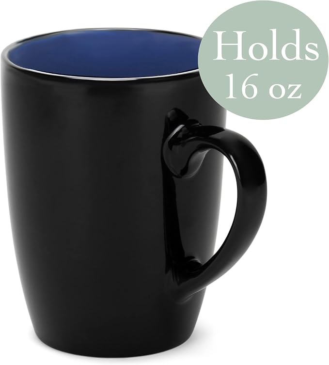 Elanze Designs Color Pop Blue Black Exterior 16 ounce Glossy Ceramic Mugs Matching Set of 4