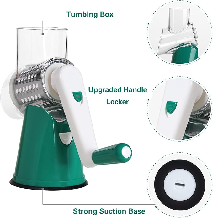 Cambom Rotary Cheese Grater Hand Crank Cheese Shredder for Fresh Cheese, Vegetable, Nuts,Non-slip Suction Base, Three Blades, Dark Green