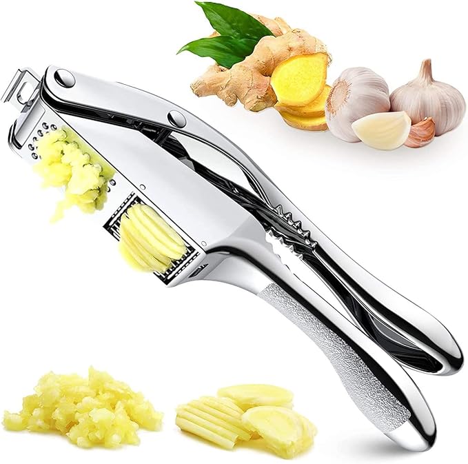2-in-1 Garlic Press Stainless Steel Garlic Slicer, Silver Garlic Mincer Handheld Garlic Crusher, Easy to Clean and Squeeze Garlic Masher, Dishwasher Safe