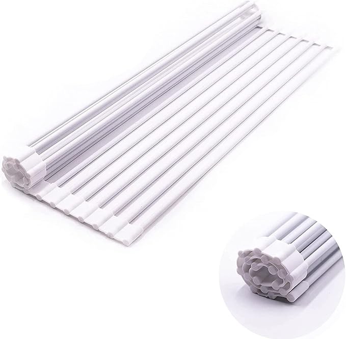 Dish Drainer, White Roll Up Dish Drying Rack, Over Sink Drying Rack with Silicone-Coated, Heat-Resistant Anti-Slip Dry Rack for Dishes Cups Fruits Vegetables - 17" x 13"