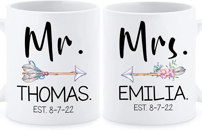 Custom Name With Est Mug, Couple Set Coffee Mugs, Personalized Mrs & Mr Ceramic Mug, Wedding Mug Set Of 2, Customized Couple Mug Design For Wife And Husband, Custom Couple Cup White 11oz Or 15oz