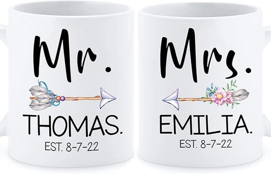 Custom Name With Est Mug, Couple Set Coffee Mugs, Personalized Mrs & Mr Ceramic Mug, Wedding Mug Set Of 2, Customized Couple Mug Design For Wife And Husband, Custom Couple Cup White 11oz Or 15oz