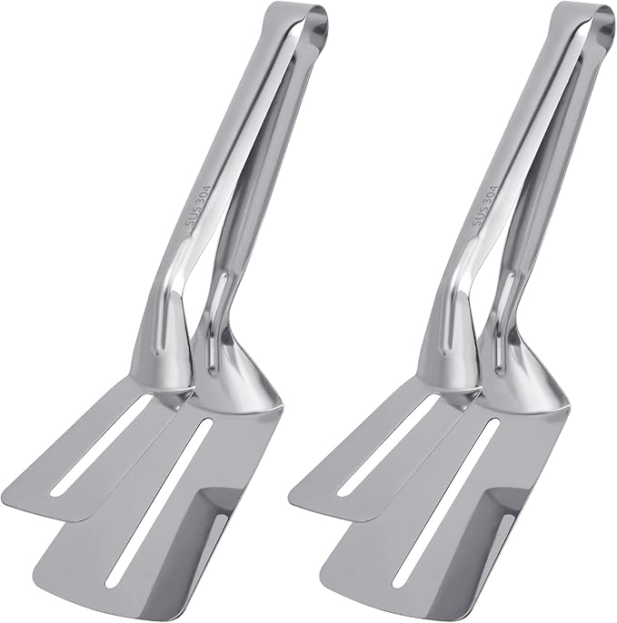 Steak Clamps, 3-in-1 Cooking Tong, Double Sided Spatula, 10 inch Multifunctional Stainless Steel Food Flipping Spatula Tongs Clip for Beefsteak Bread Hamburger BBQ Meats Pizza Pies Bread Fish (2 Pack)